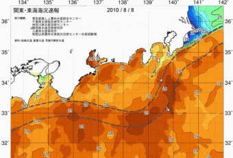 暖流である黒潮域に生息するカジキ。その黒潮帯が伊豆諸島付近に接近すると、いよいよ関東エリアのカジキ釣りシーズン到来です。7～8月によく見られる光景です。神奈川県水産技術センター　海況図データベース（関東・東海）参照